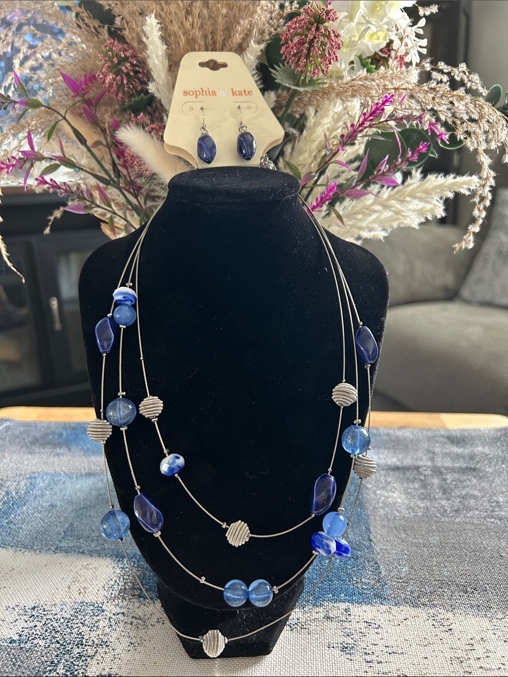Sophia & Kate Blue Multi-Strand Beaded Necklace with Earrings